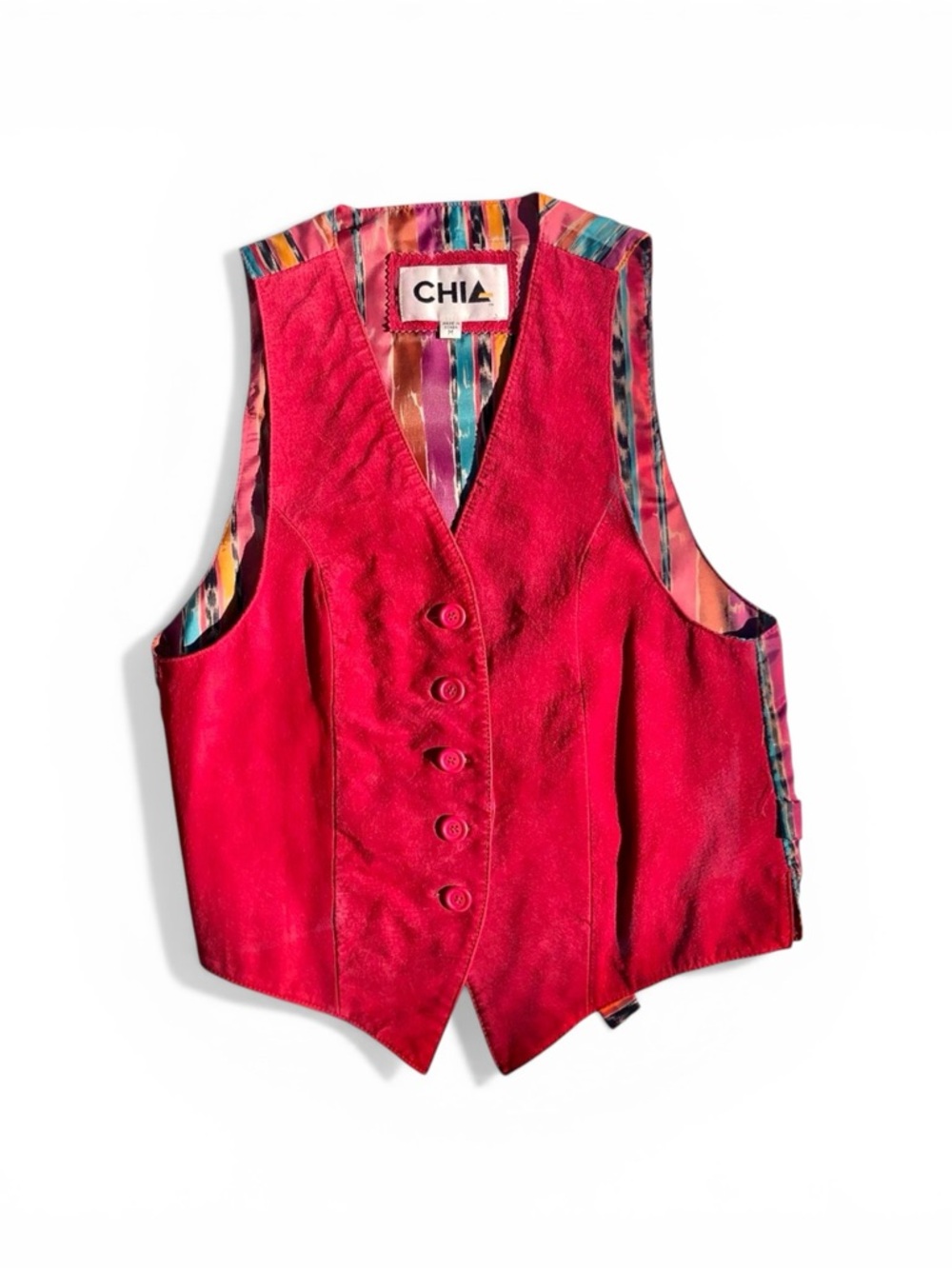 CHIA Bright Red Suede Button Vest with Colorful Lined Back